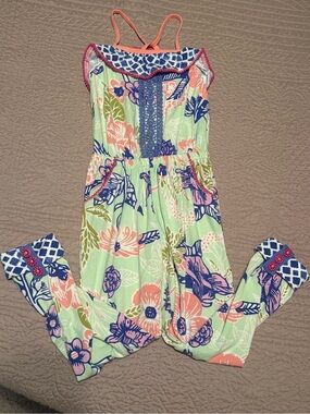 Matilda Jane Mint Floral Jumpsuit with Coral & Blue Accents